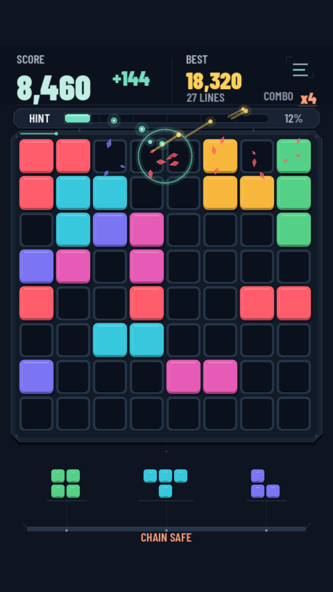 Block Blare gameplay on an 8 by 8 board with colored blocks and three shapes ready to place