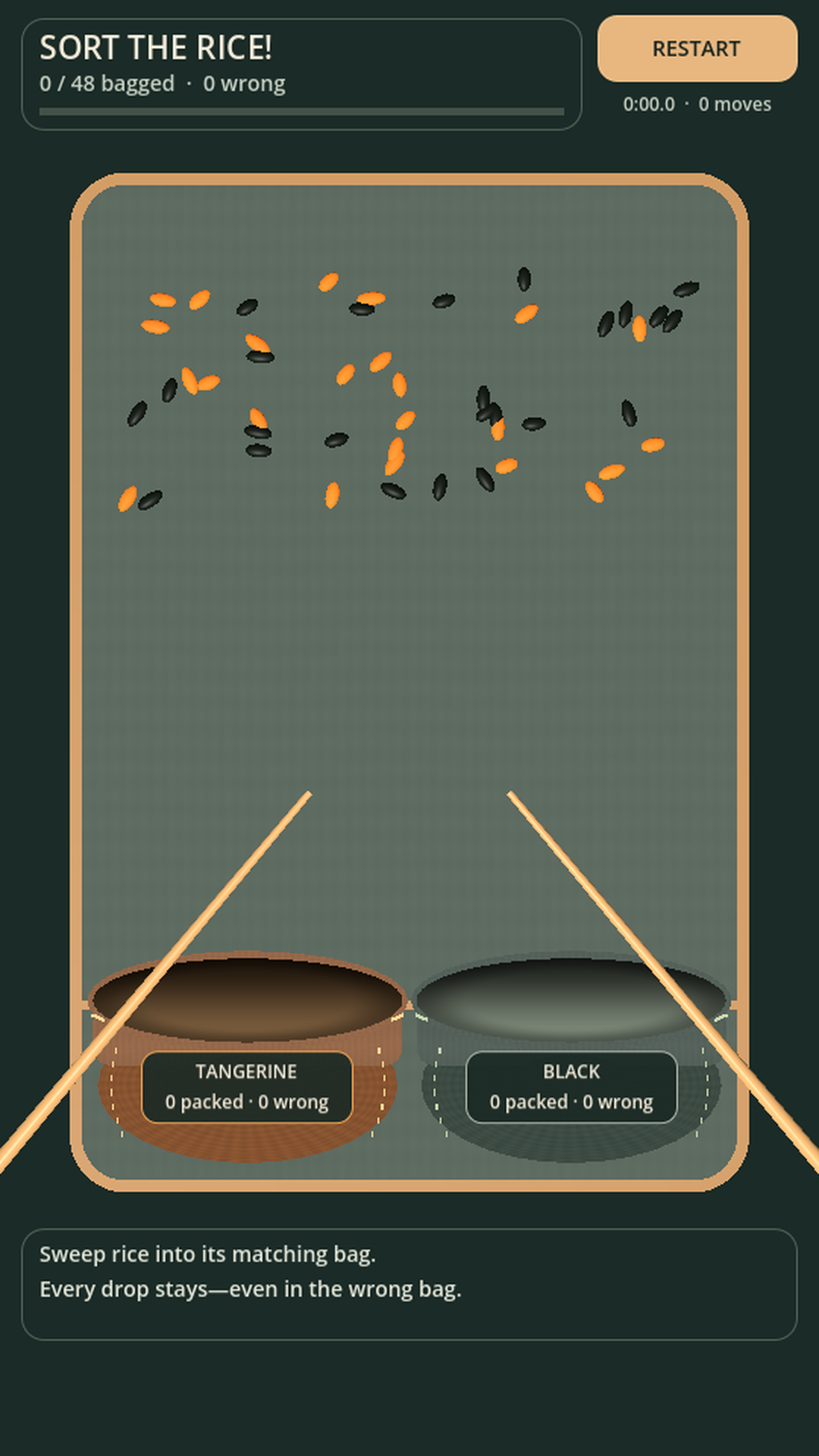 Sort the Rice! gameplay showing tangerine and black rice above their matching bags
